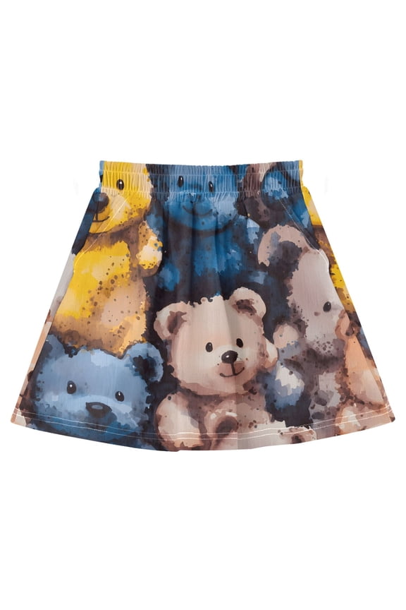 Watercolor Teddy Bears Pattern Cotton Skirt Built-in Liner Elastic A-Line Flared Skirt with Pockets
