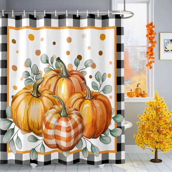 Watercolor Thanksgiving Pumpkins Shower Curtain for Bathroom, Black White Plaid Waterproof Shower Curtains Washable Quick Dry with Hooks Bathtub Curtains 36x72 IN