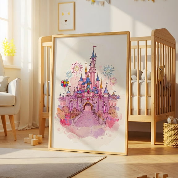 Watercolor Theme Park Castle Inspired Kids Room Wall Art UNFRAMED PAPER POSTER, Home Decor