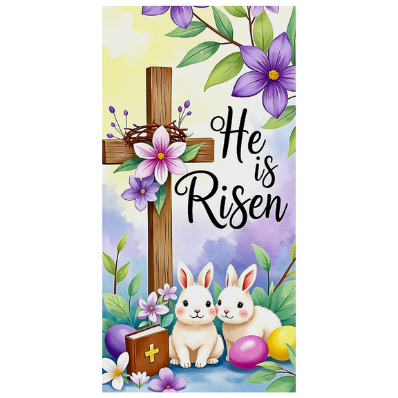 Watercolor Themed Easter Banner with Cross Bunnies Eggs and Flowers Background Decoration for Easter Party Church Events Family Gatherings Photo Backdrop Decor