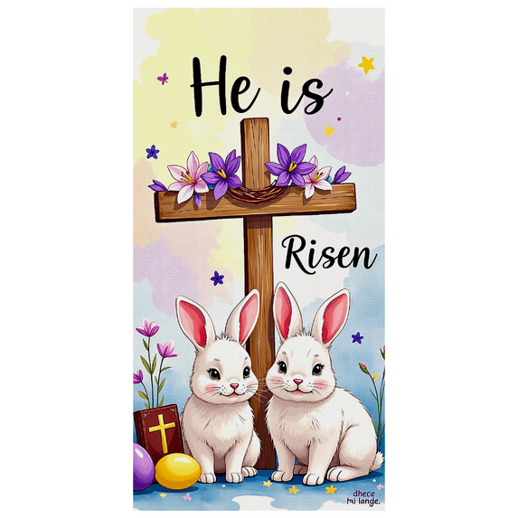 Watercolor Themed Easter Banner with Cross Bunnies Flowers and Eggs Backdrop Background for Easter Party Church Celebrations Religious Events and Spring Decorations
