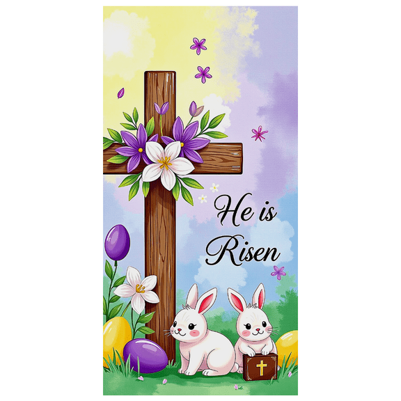 Watercolor Themed Easter Banner with Cross Bunnies Flowers and Eggs Backdrop Background for Easter Party Church Celebrations Religious Events and Spring Decorations