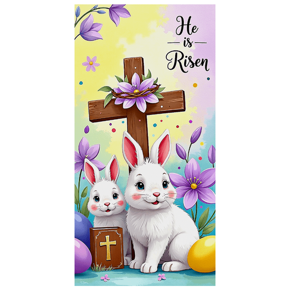 Watercolor Themed Easter Banner with Cross Bunnies Flowers and Eggs Backdrop Background for Easter Party Church Celebrations Religious Events and Spring Decorations