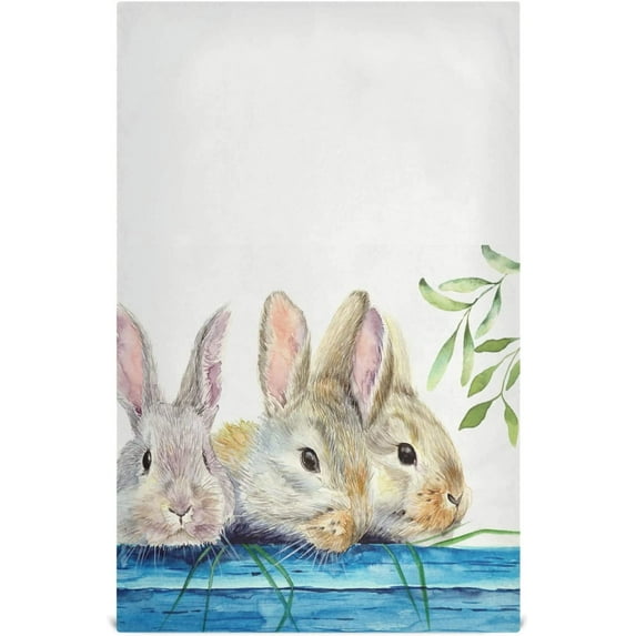 Watercolor Three Fluffy Rabbits Kitchen Tea Towels Set of 4 Absorbent Hand Dish Towels, Blue Wooden Fence Dishcloths Lint-Free 18x28 Inch Fast Drying for Cooking Baking Home Clean
