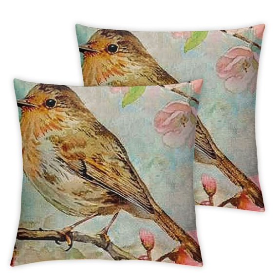 Watercolor Throw Pillow Cover Vintage Lovely Robin Sitting on Tree Branch Green Leaves Bird Spring Summer Nature Decor Pillow Case for Home Sofa Couch Cushion Cover  (LR-Robin)