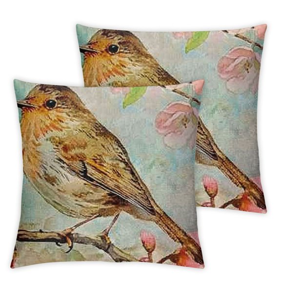 Watercolor Throw Pillow Cover Vintage Lovely Robin Sitting on Tree Branch Green Leaves Bird Spring Summer Nature Decor Pillow Case for Home Sofa Couch Cushion Cover (LR-Robin)