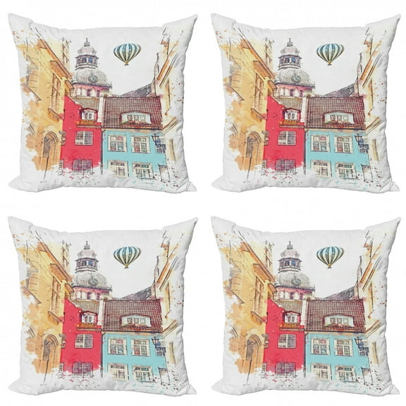 Ambesonne Watercolor Throw Pillow Cover 4 Pack, Architecture of Riga, 18", Multicolor