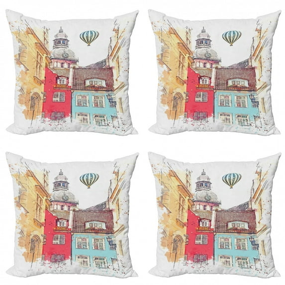 Ambesonne Watercolor Throw Pillow Cover 4 Pack, Architecture of Riga, 16", Multicolor