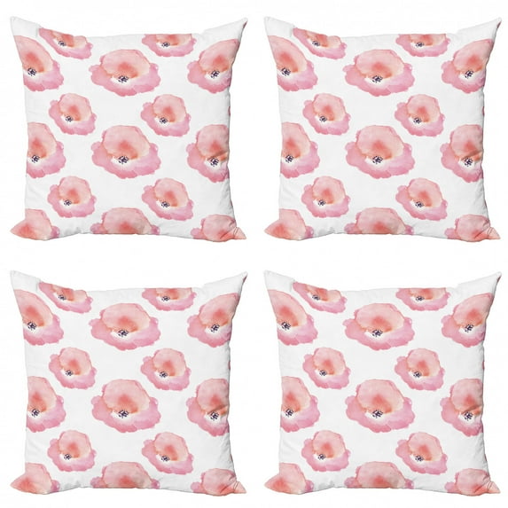 Ambesonne Watercolor Throw Pillow Cover 4 Pack, Flower Watercolor Blots, 18", Pink Coral