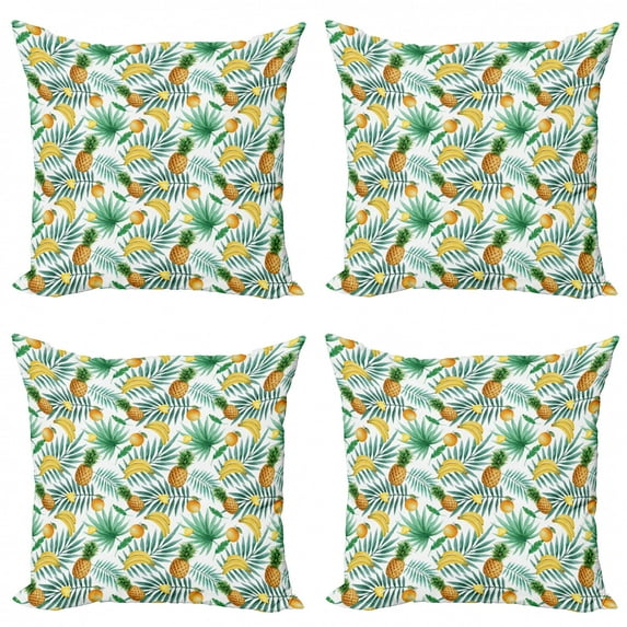 Ambesonne Watercolor Throw Pillow Cover 4 Pack, Exotic Fruits Leaves, 18", Green Yellow Pale Brown