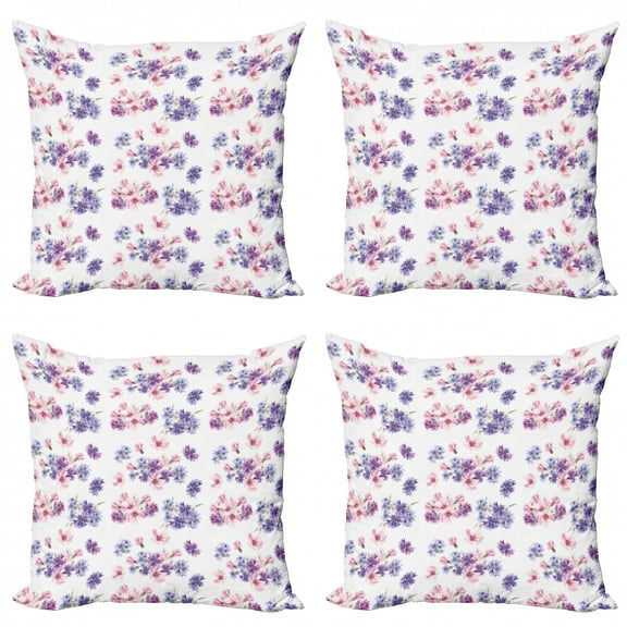 Ambesonne Watercolor Throw Pillow Cover 4 Pack, Wedding Flowers, 24", Lilac Lavender Pink