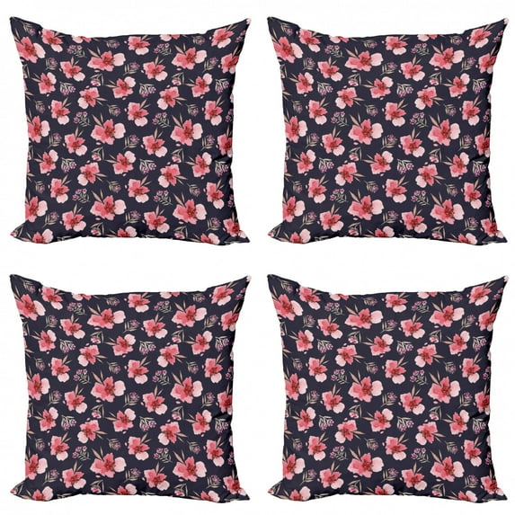 Ambesonne Watercolor Throw Pillow Cover 4 Pack, Pink Garden Flora, 20", Navy Blue Coral