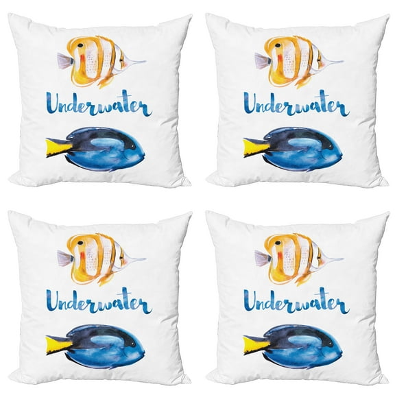 Ambesonne Watercolor Throw Pillow Cover 4 Pack, Pacific Tang Fish, 20", Yellow