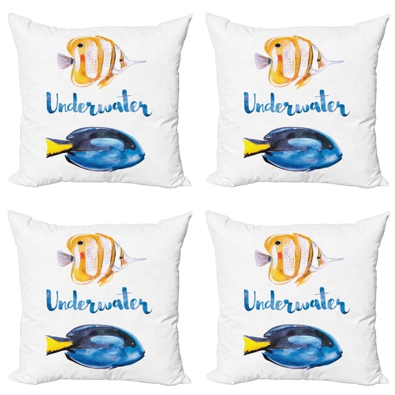 Ambesonne Watercolor Throw Pillow Cover 4 Pack, Pacific Tang Fish, 20", Yellow