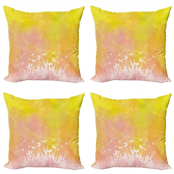 Ambesonne Spring Throw Pillow Cover 4 Pack, Flower Butterfly Colored, 20", Earth Yellow Pale Pink