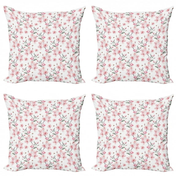 Ambesonne Watercolor Throw Pillow Cover 4 Pack, Sakura Cherry Garden, 18", Reseda Green Pale Pink