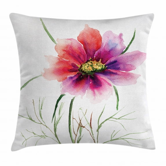 Watercolor Throw Pillow Cushion Cover, Beautiful Two Colored Flower Blossom Nature Spring Revival of Life, Decorative Square Accent Pillow Case, 18 X 18 Inches, Fuschia Red Dark Green, by Ambesonne