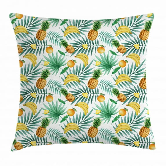Watercolor Throw Pillow Cushion Cover, Exotic Fruits Pattern Pineapples Bananas Oranges Tropical Leaves, Decorative Square Accent Pillow Case, 24 X 24 Inches, Green Yellow Pale Brown, by Ambesonne