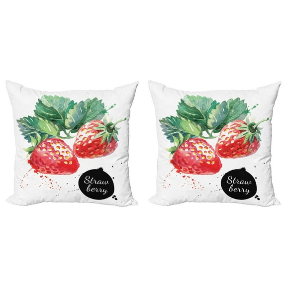Ambesonne Watercolor Throw Pillow Cover 2 Pack, Appetizing Strawberries, 24", Fern Green Red
