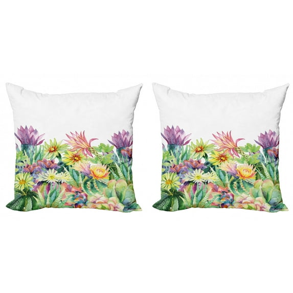 Ambesonne Watercolor Throw Pillow Cover 2 Pack, Flowers and Succulents, 16", Multicolor