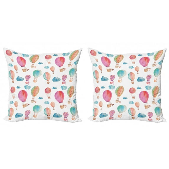 Ambesonne Watercolor Throw Pillow Cover 2 Pack, Air Balloons Clouds, 24", Blue Pink Coral