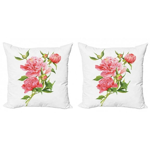 Ambesonne Watercolor Throw Pillow Cover 2 Pack, Pink Peonies Bouquet, 18", Pink Green