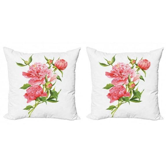 Ambesonne Watercolor Throw Pillow Cover 2 Pack, Pink Peonies Bouquet, 16", Pink Green