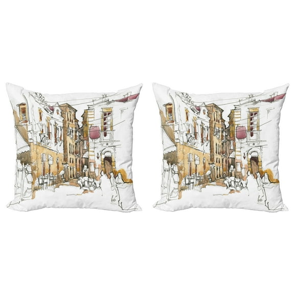Ambesonne Watercolor Throw Pillow Cover 2 Pack, Street Town Sketch, 24", Sand Brown and White