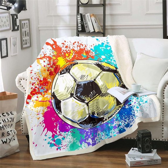 Watercolor Tie-dye Throw Blanket Cartoon Soccer Print Fleece Blanket Youthful Bed Blanket for Couch or Bed Sports Gaming Blanket Soft Warm Lightweight for Kids Adults Women Gift(Throw 50"x60")