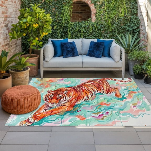 Watercolor Tiger Indoor Outdoor Rugs 4x6 Ft, Animal Splash Animal Fluid Art Outdoor Patio Rugs Mat Washable Outside Area Rugs Carpet for Porch Deck RV Camping Pool Balcony Backyard