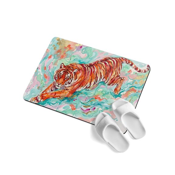 Watercolor Tiger Soft Diatomaceous Earth Mat, Animal Splash Animal Fluid Art Absorbent Bath Mat Non Slip Rubber Backed Quick Dry Doormat Fit Under Door for Bathroom Kitchen 16"x24"