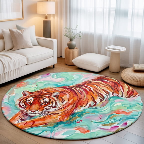 Watercolor Tiger Washable Round Area Rug 3 ft, Animal Splash Animal Fluid Art, Soft Non Slip Rugs Stain Repellent Indoor Felt Carpet for Living Dining Room Bedroom Home Office