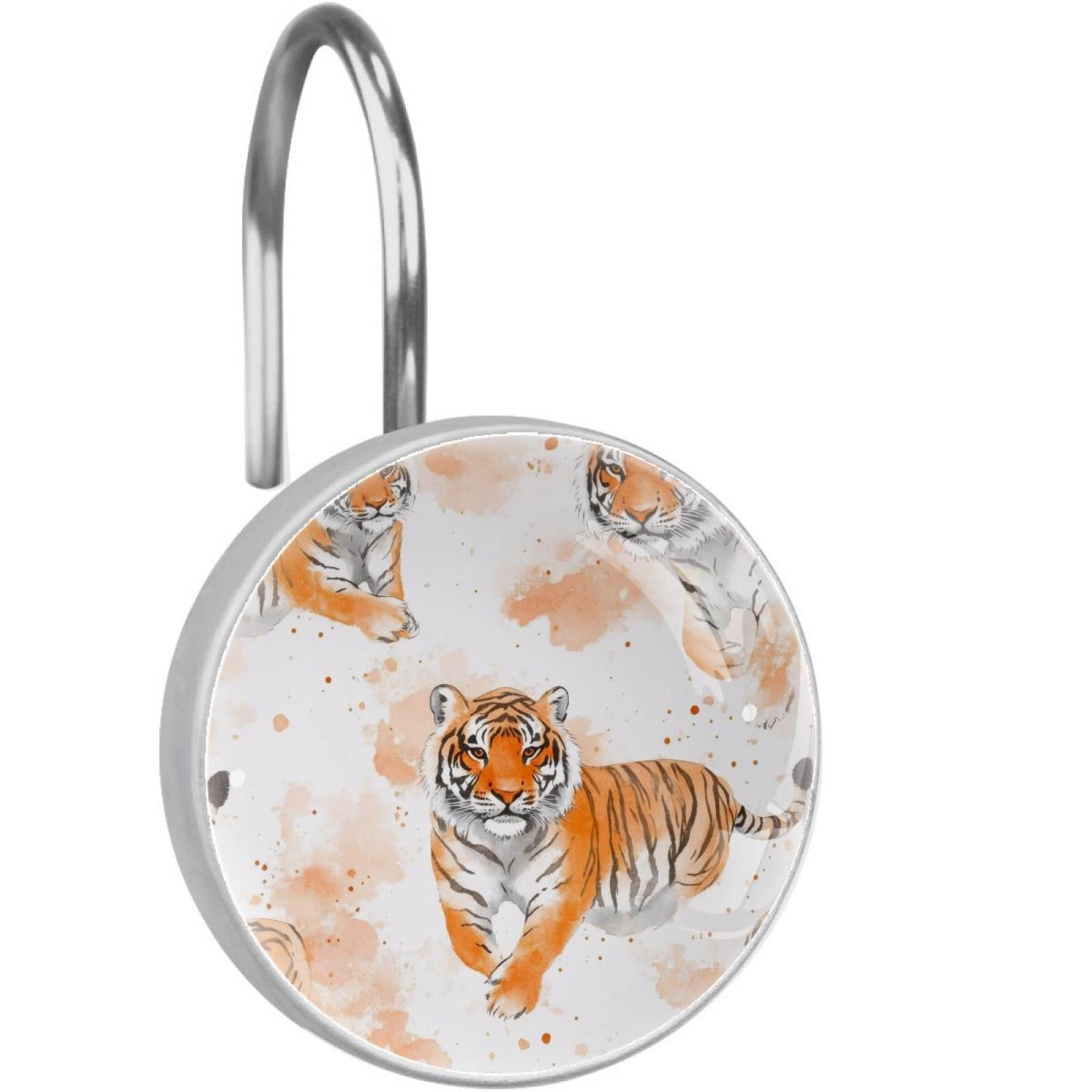 Watercolor Tigers Animal Shower Curtain Hooks Round Crystal Glass, Set of 12 Shower Curtain Rings - Shower Hooks for Curtain Shower Rings