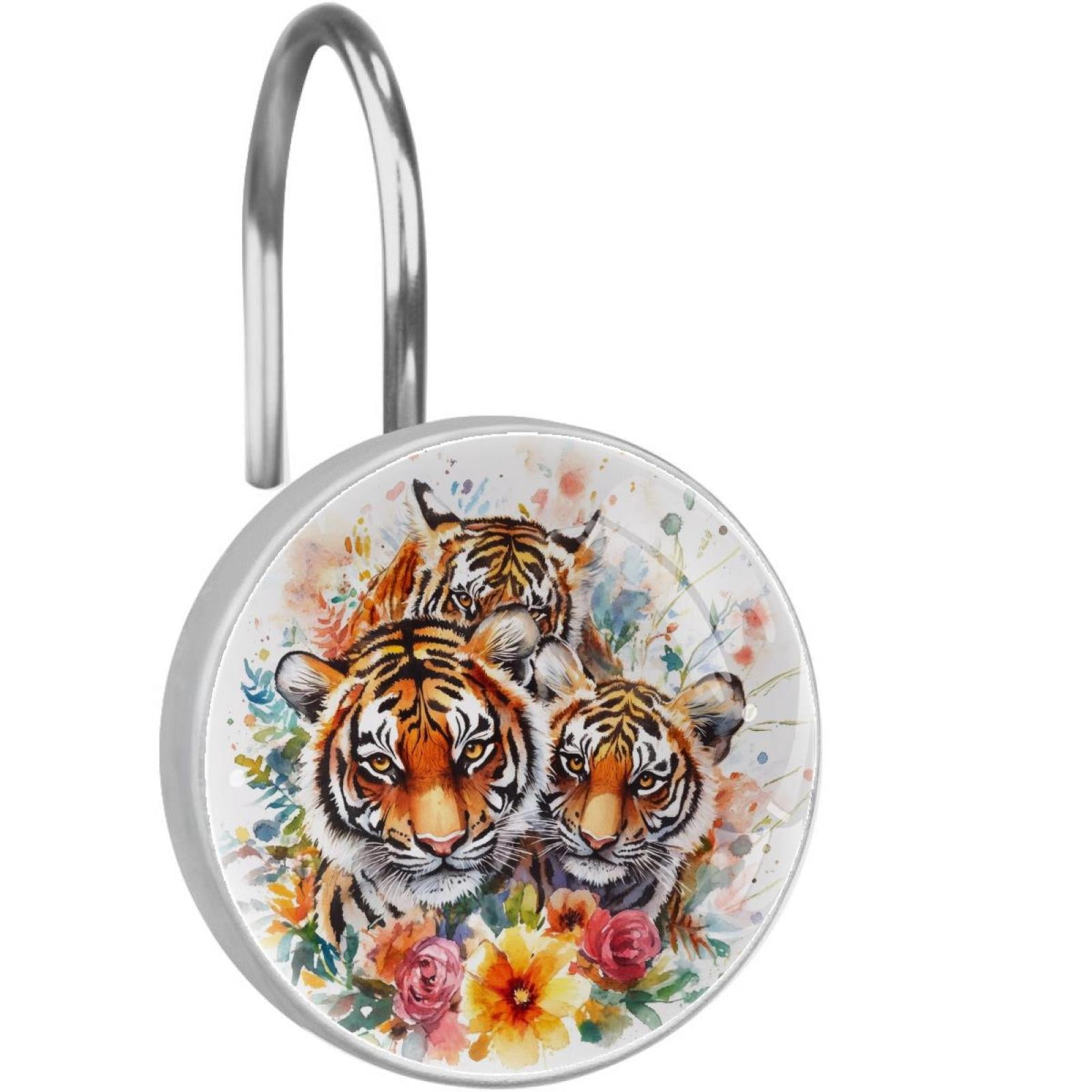 Watercolor Tigers Family Shower Curtain Hooks Round Crystal Glass, Set of 12 Shower Curtain Rings - Shower Hooks for Curtain Shower Rings