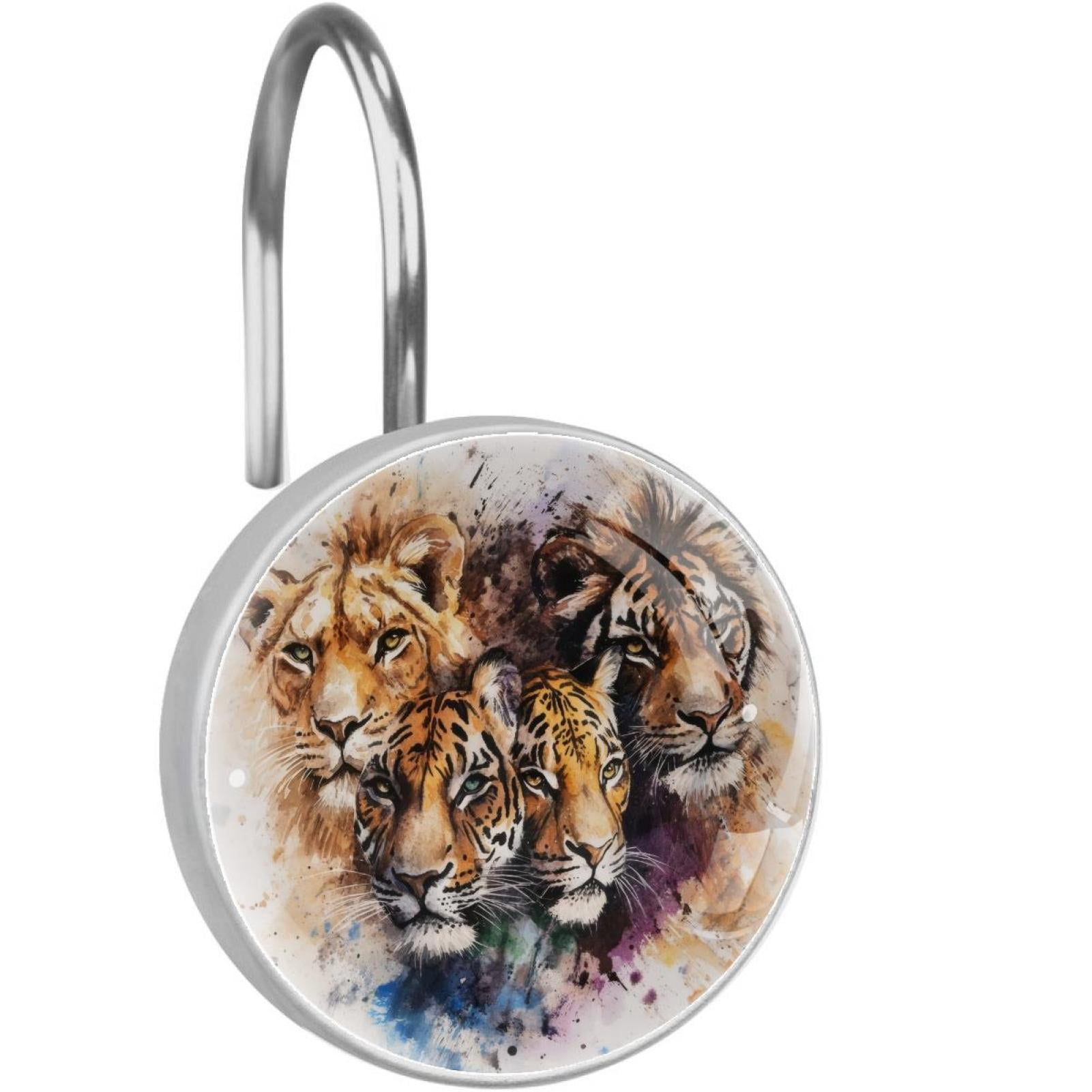 Watercolor Tigers and Lions Shower Curtain Hooks Round Crystal Glass, Set of 12 Shower Curtain Rings - Shower Hooks for Curtain Shower Rings
