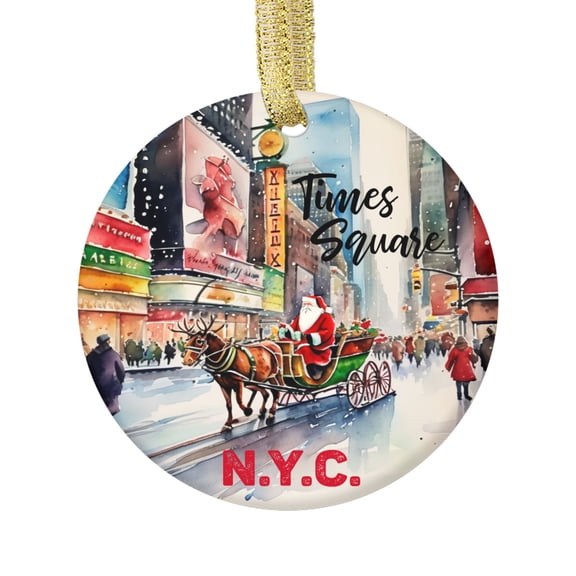 Watercolor Times Square New York City NYC Manhattan USA with Santa Claus Travel Memory Souvenir Landmark Vacation Keepsake Ceramic Christmas Ornament Xmas Holiday Tree Gift