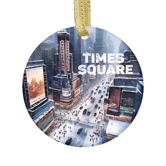 Watercolor Times Square New York City NYC Manhattan USA in Winter Snow Art Travel Memory Souvenir Landmark Vacation Keepsake Ceramic Christmas Ornament Xmas Holiday Tree Gift