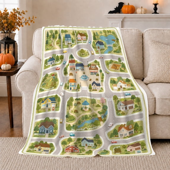 Watercolor Town Road Map with Houses Cars Park Gazebo Fountain Pond Bridge and Trees, Playful Neighborhood Art Soft Flannel Blanket for Playroom and Bedroom, Birthday Gift, Home Decor