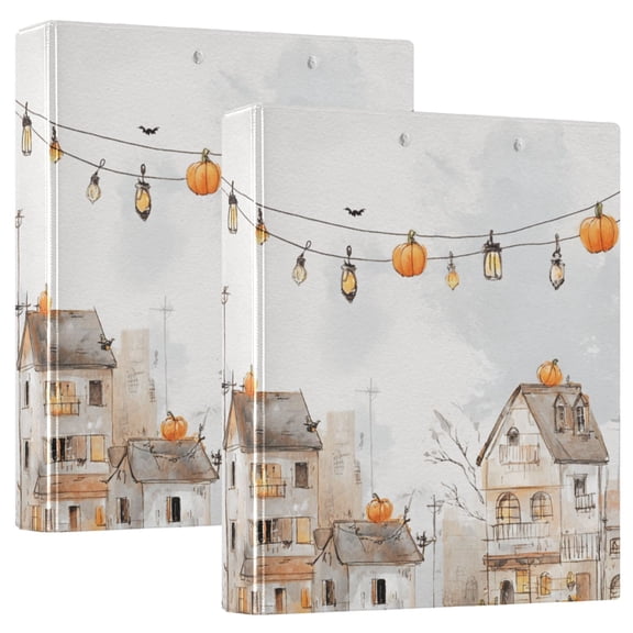 Watercolor Town with Halloween Decoration Round Ring Binder 3 Rings 1.5" Capacity File Storage for A4 Size 2 Pack