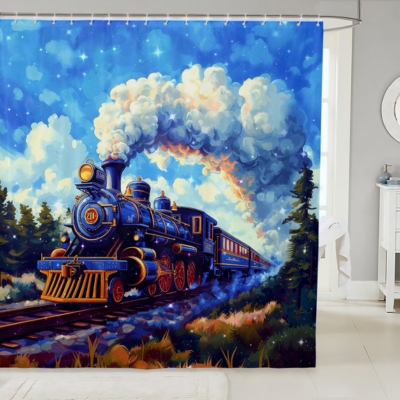 Watercolor Train Shower Curtains,Glitter Starry Sky Dreamy Bathroom Curtains ,Cartoon Steam Locomotive Train Blue Green Waterproof Curtains,12 Hooks Suits,72"W x 72"L