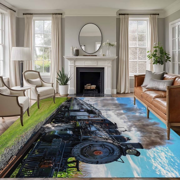 Watercolor Trains 6'x9' Area Rug for Living Room, Modern Nature Landscape Blue Green Non-Slip Floor Mat Rugs for Bedroom Dining Room, Indoor Large Carpet for Classroom, Nursery Rugs for Playroom