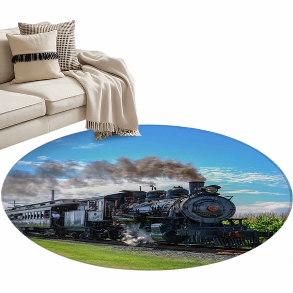 Watercolor Trains Large Area Rugs for Bedroom Living Room, Soft Non Slip Carpet Bedside Rug, Modern Nature Landscape Blue Green Round Floor Cover Kitchen Accent Rug 3' for Dining Room/Office