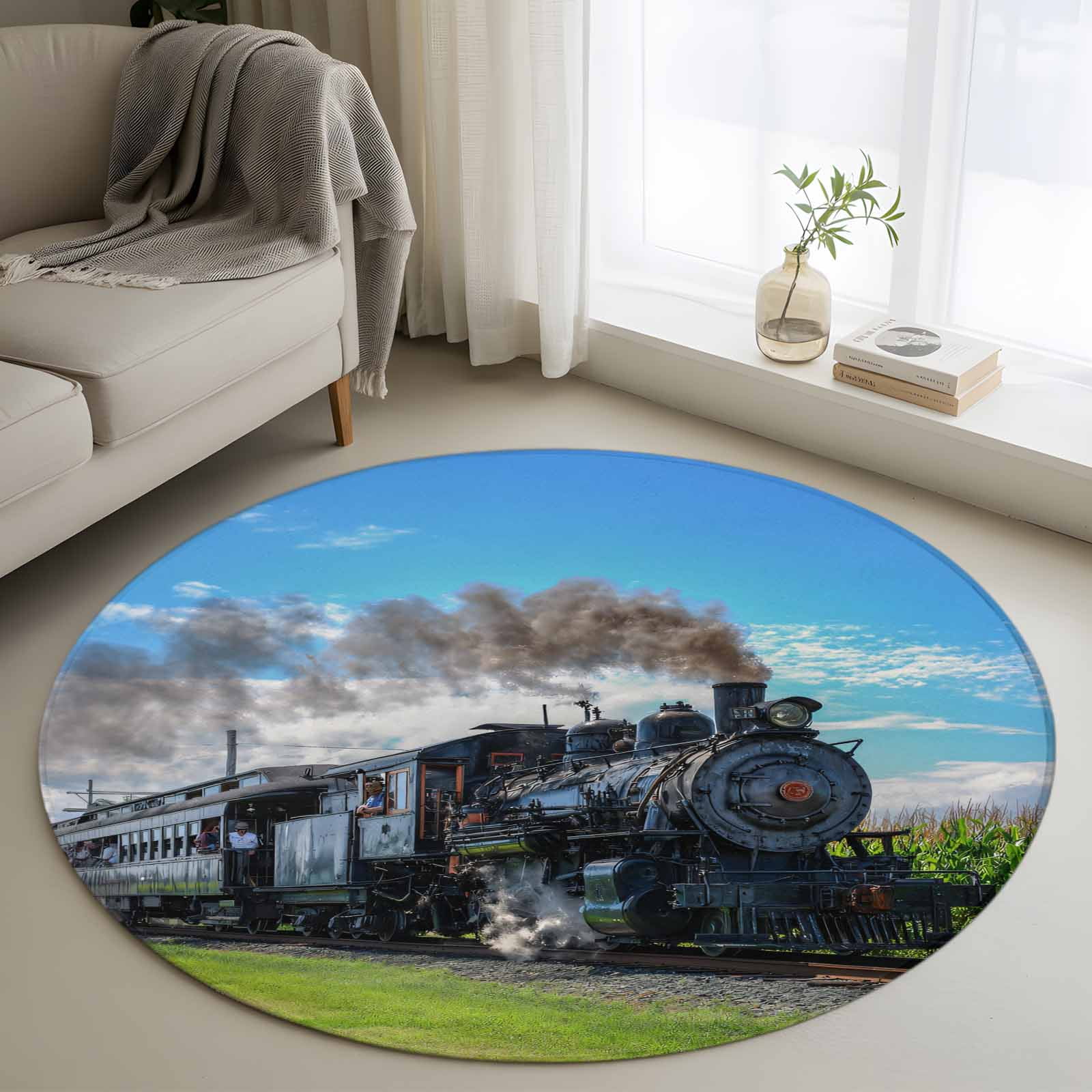 Ariva Train Rug Watercolor Trains Round Area Rug 3.3Ft Washable Circle Rugs for Dining ...