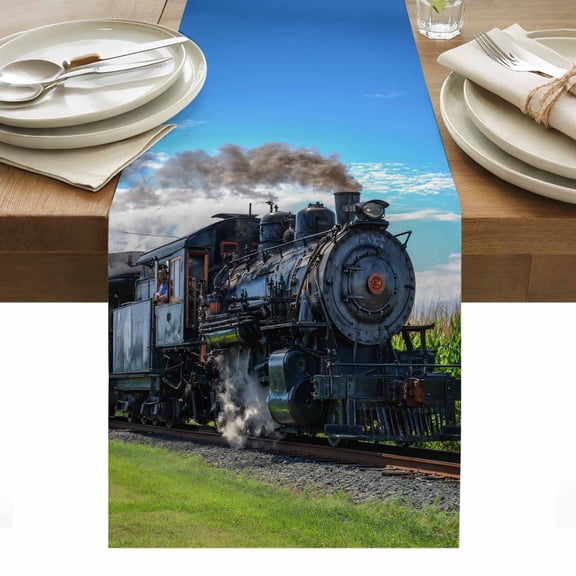 Watercolor Trains Table Runner - 36 Inch Long, Kitchen Dining Table Runner Dresser Scarves, Modern Nature Landscape Blue Green Farmhouse Decor for Coffee Tables Wedding Party Banquet