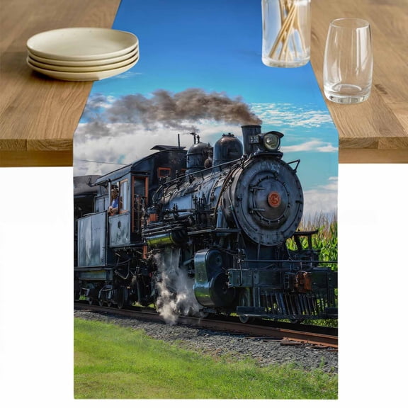 Watercolor Trains Table Runner - 48 Inch Long Modern Nature Landscape Blue Green Cotton and Linen Blended Dress Scarves Farmhouse Table Runner for Kitchen Dining, Coffee Table, 13" x 48"