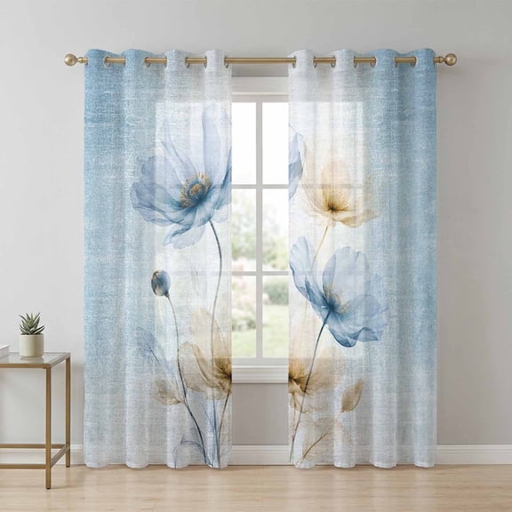 Watercolor Translucent Floral Sheer Curtains 63 Inch Long 2 Panels, Dreamy Blue Beige Flower Light Filtering Semi Sheer Drapes Grommet Voile Window Curtain for Living Bedroom W42 x L63