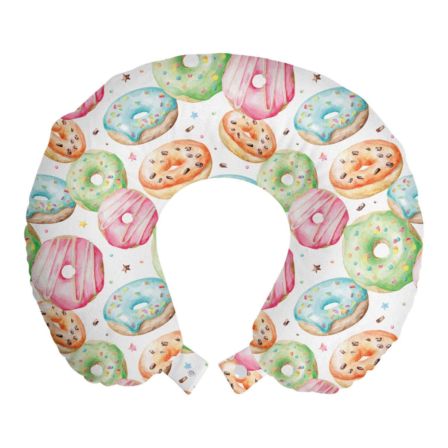 Watercolor Travel Pillow Neck Rest Delicious Donuts Pattern Various Flavors Sprinkles Stars Background Memory Foam Traveling Accessory Airplane and