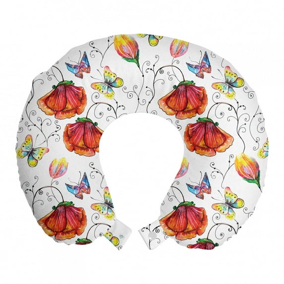 Watercolor Travel Pillow Neck Rest, Doodle Drawing Style Natural Scene with Butterflies and Flowers Swirl Stripes, Memory Foam Traveling Accessory Airplane and Car, 12", Multicolor, by Ambesonne