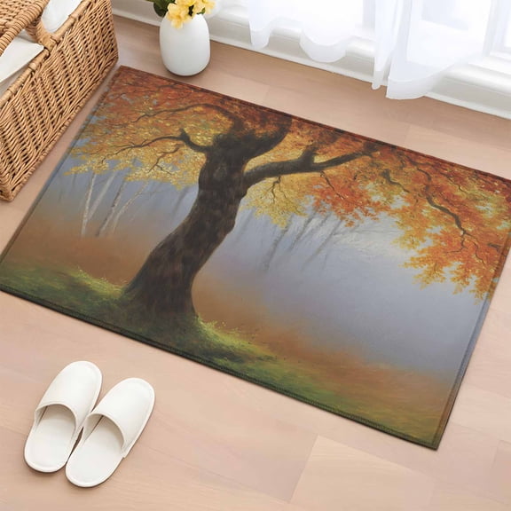 Watercolor Tree 2'x3' Rug for Entryway Front Door Kitchen Sink Area, Fall Landscape Forest Low Pile Non Slip Rectangle Area Rug, Machine Washable Indoor Outdoor Mat