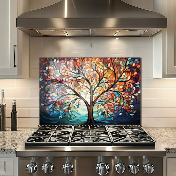 Watercolor Tree of Life Tempered Glass Backsplash For Kitchen Behind Stove,Stove Back Top Cover,Easy to Clean Glass Splashback, Sink Cover Splash Guard,Home Kitchen Wall Decor